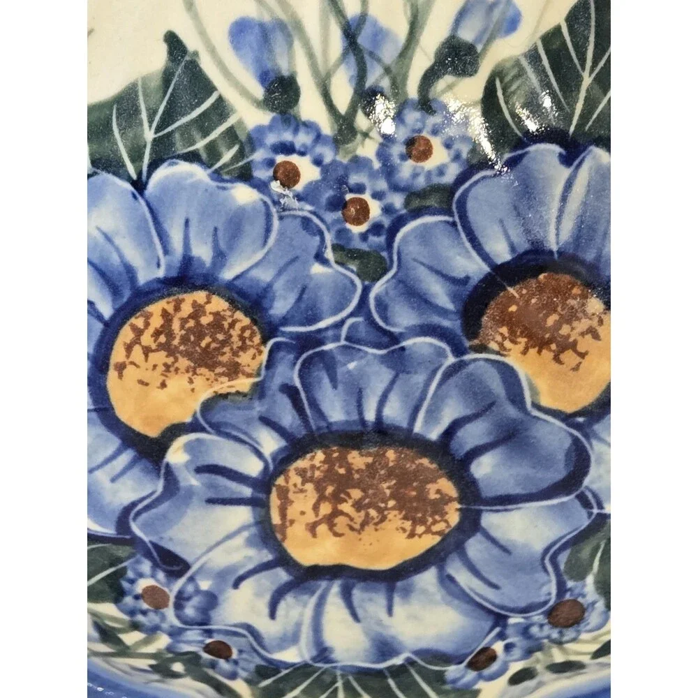 Polish Pottery Boleslawiec UNIKAT Hand Painted Blue Floral Scalloped Bowl 5.5